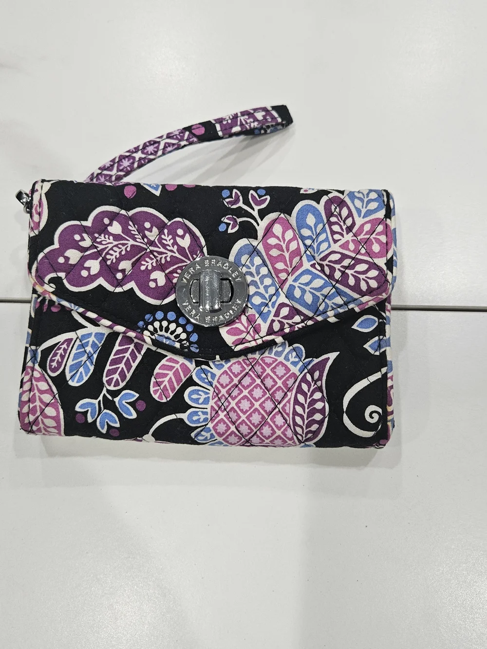 Vera Bradley Black Wristlet with Purple and Blue Floral Print